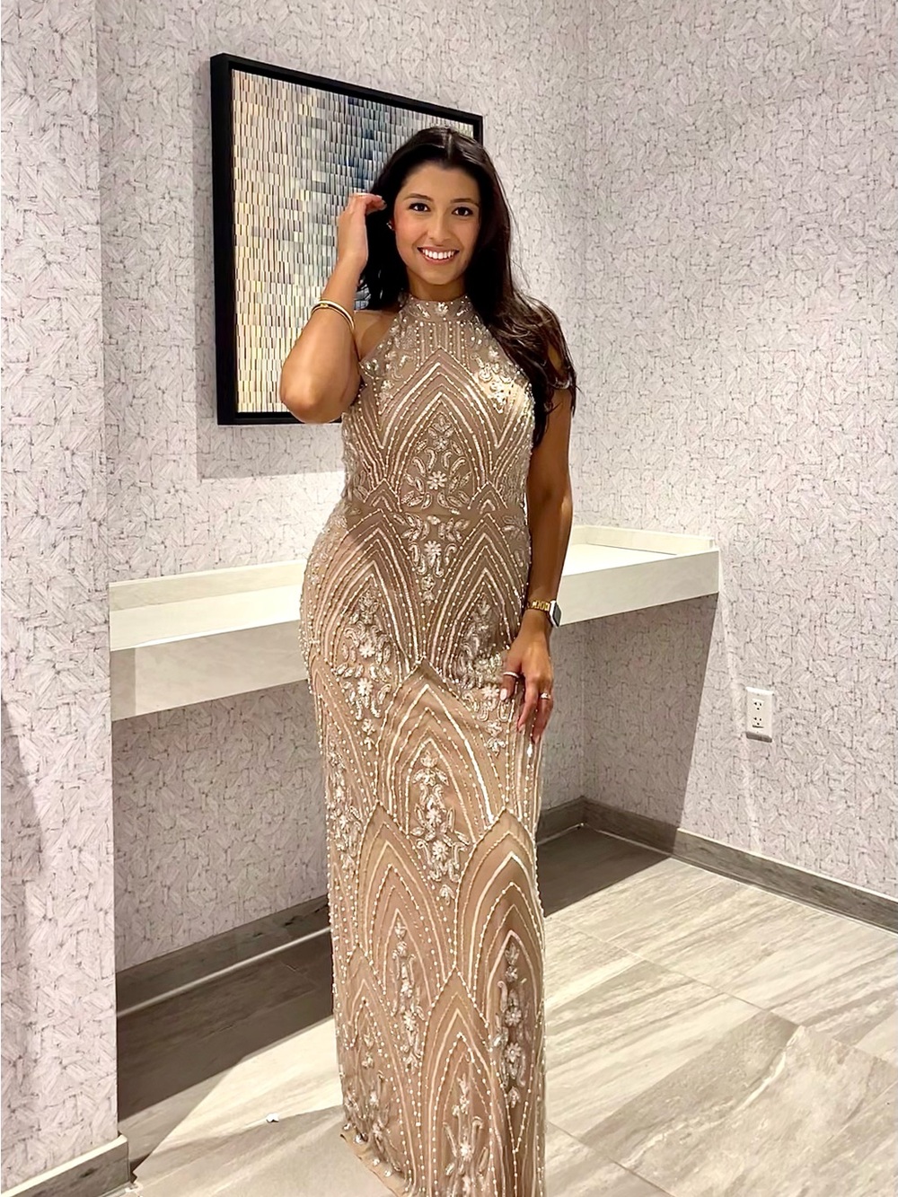 ASOS Champagne Sequin Halter Maxi Dress